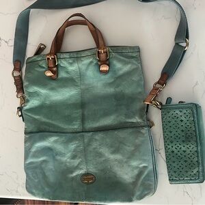 FOSSIL Explorer LG Fold-Over Turquoise Leather Tote Shoulder Handbag